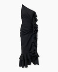 Vestido midi asimétrico con volantes y volantes color black