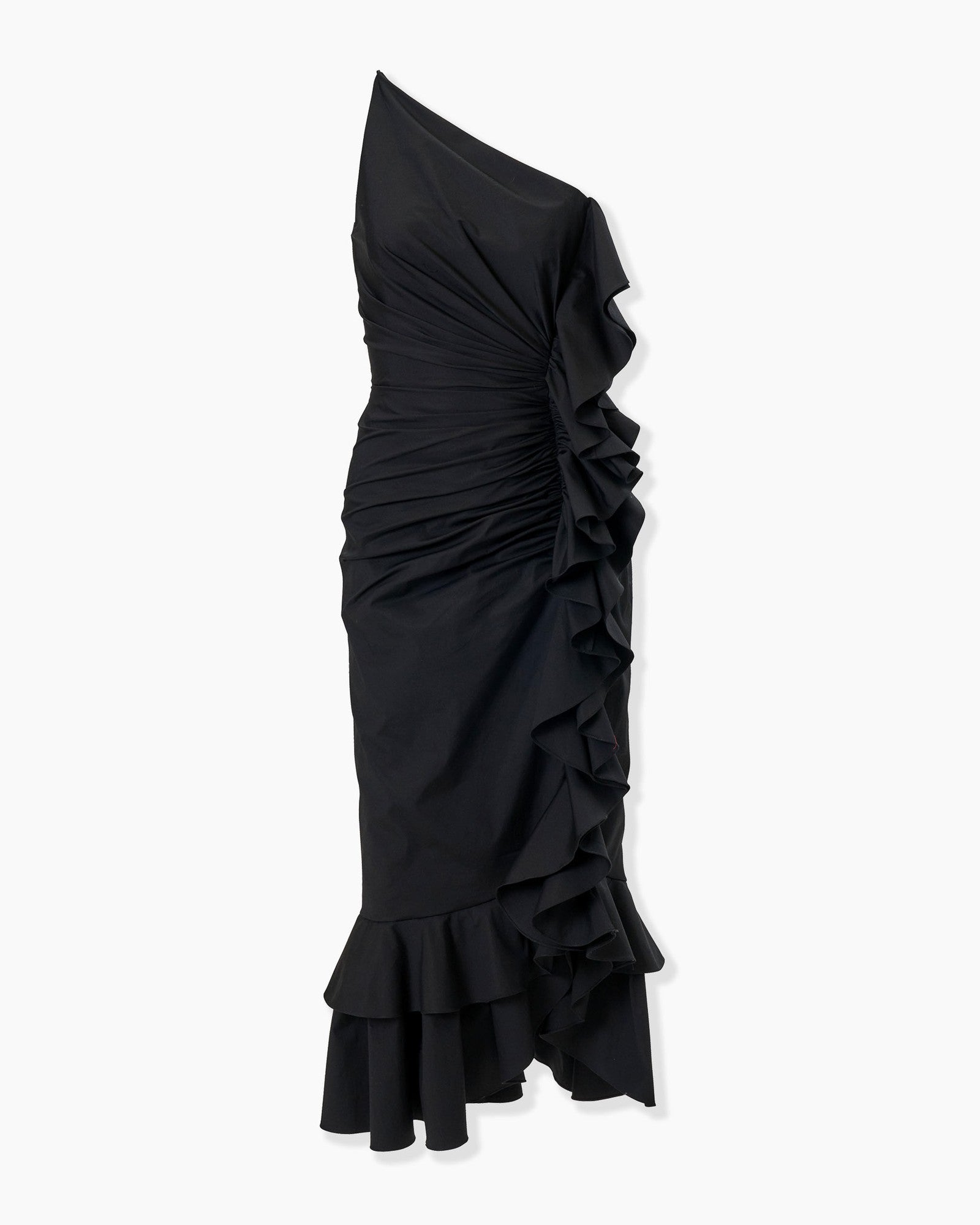 Vestido midi asimétrico con volantes y volantes color black