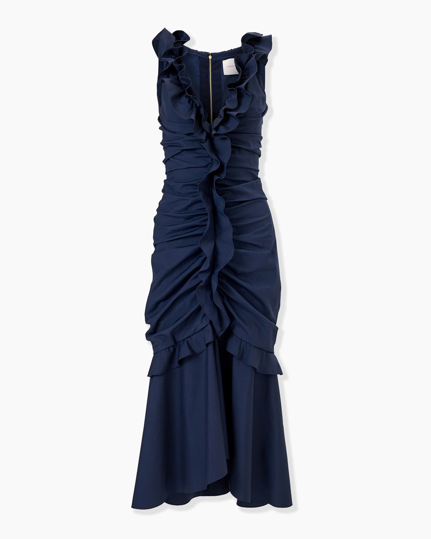 Vestido midi fruncido con volantes color navy