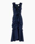 Vestido midi fruncido con volantes color navy