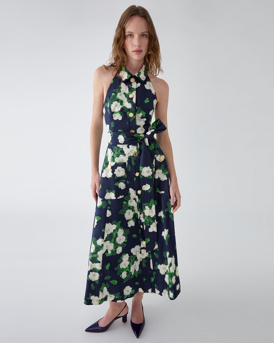 Vestido midi con cuello halter con estampado rosa
