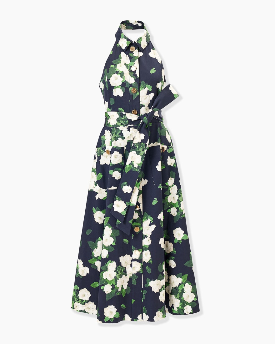 Vestido midi con cuello halter con estampado rosa color floral