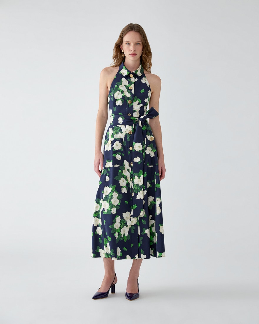 Vestido midi con cuello halter con estampado rosa
