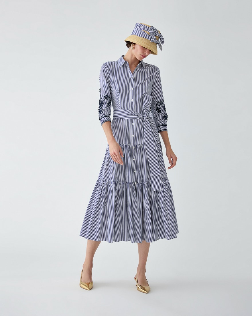 Vestido camisero midi a rayas bordado