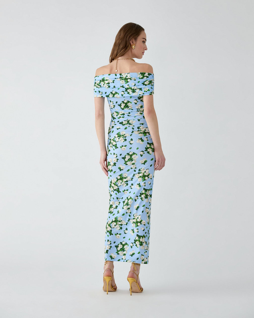 Vestido midi fruncido de jersey con estampado floral