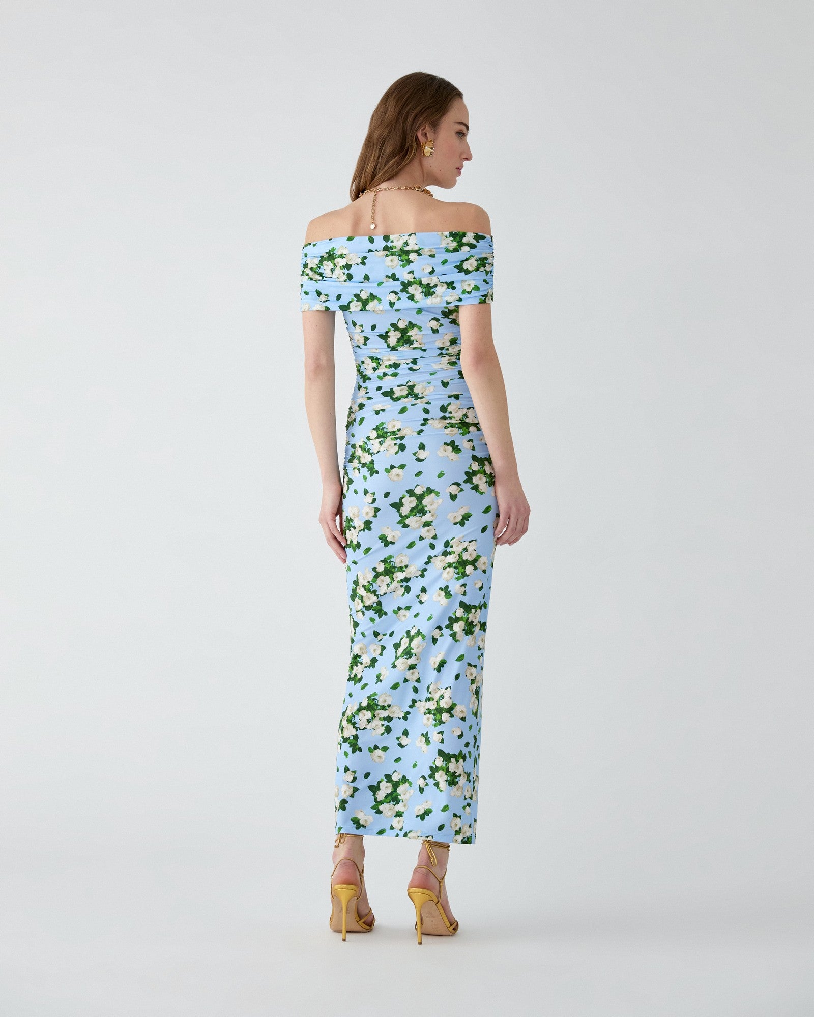 Vestido midi fruncido de jersey con estampado floral