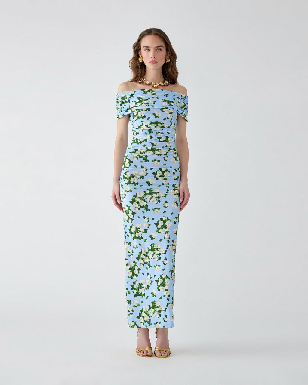 Vestido midi fruncido de jersey con estampado floral