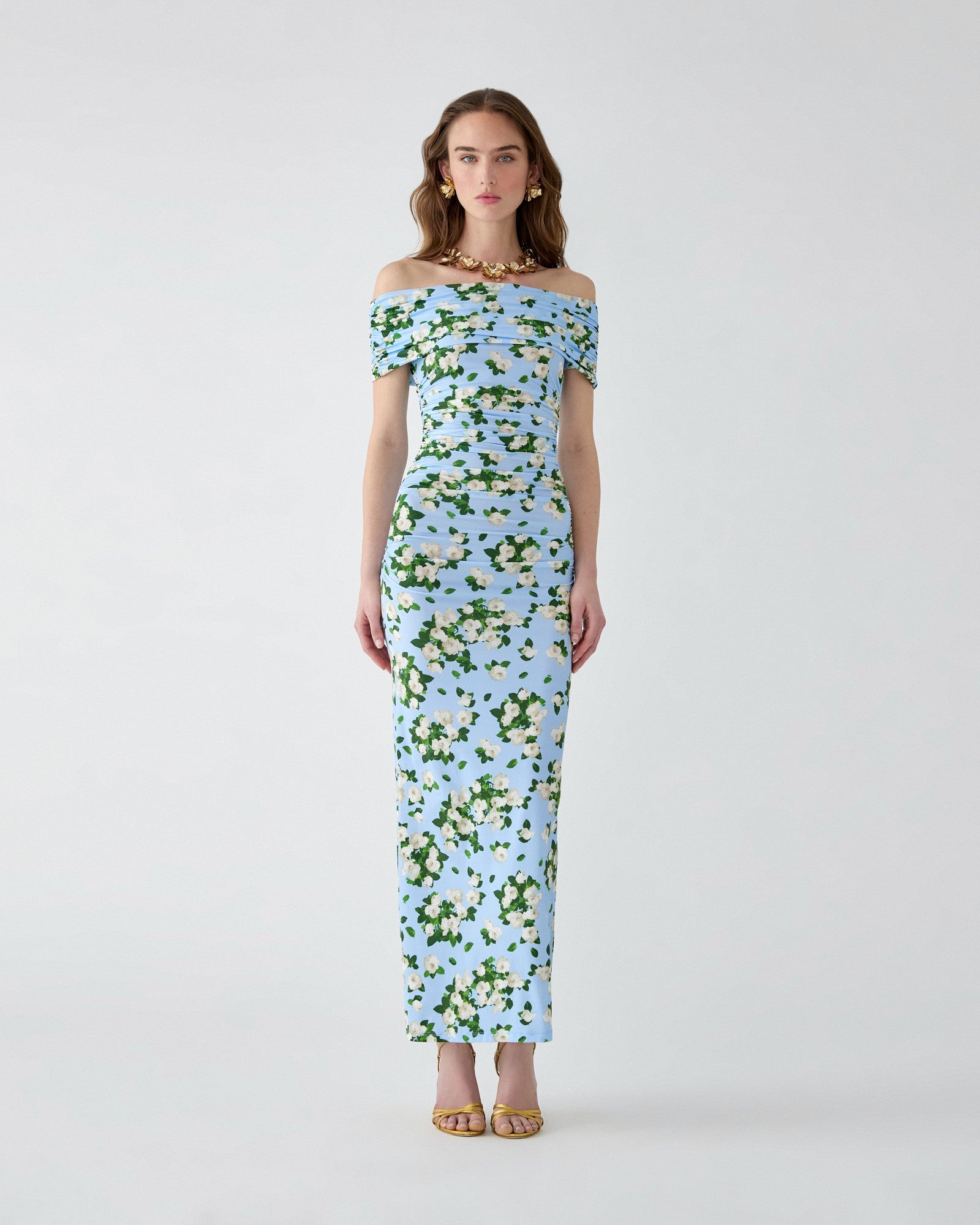 Vestido midi fruncido de jersey con estampado floral