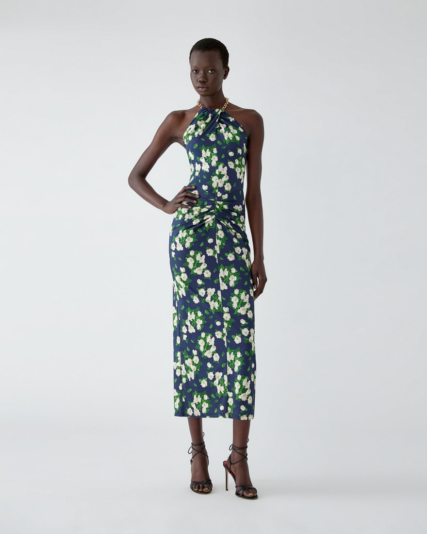 Vestido de cuello halter de jersey con estampado floral