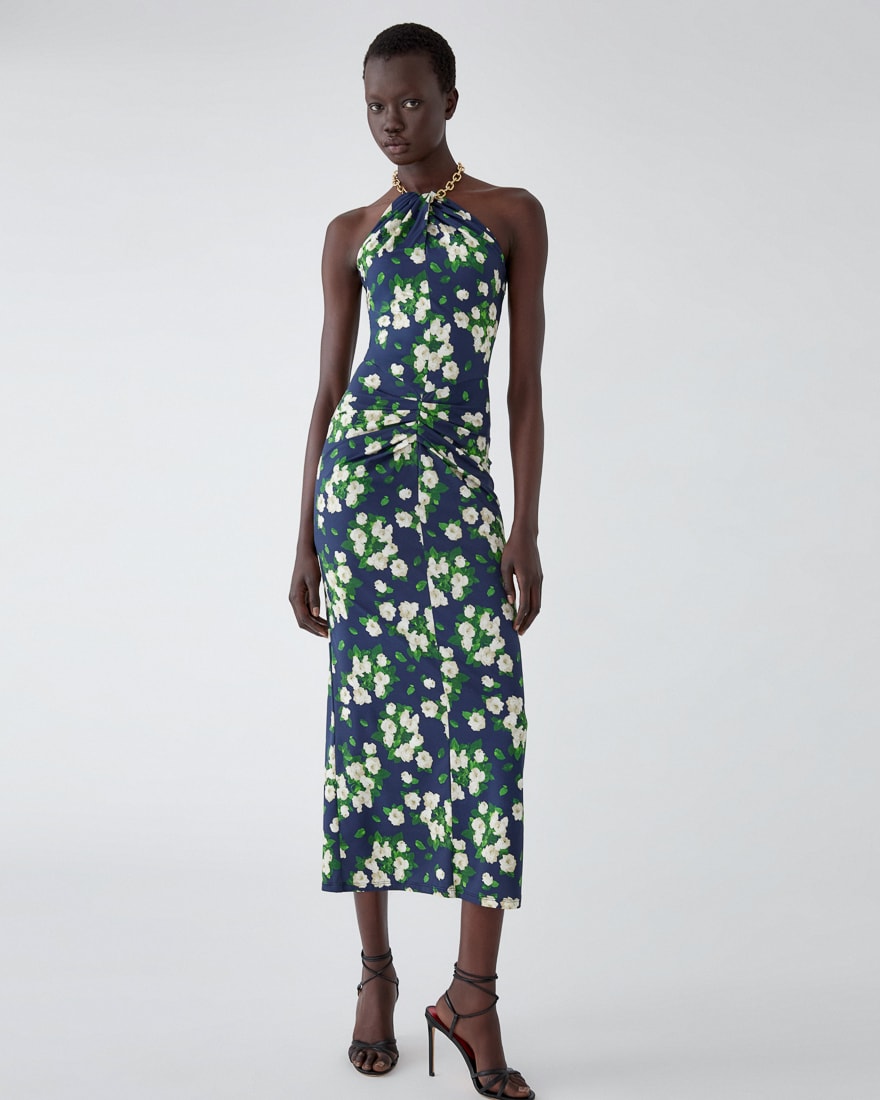 Vestido de cuello halter de jersey con estampado floral