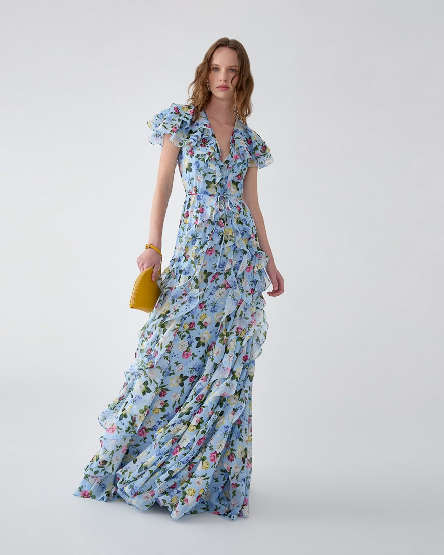 Vestido de gasa con estampado floral con volantes