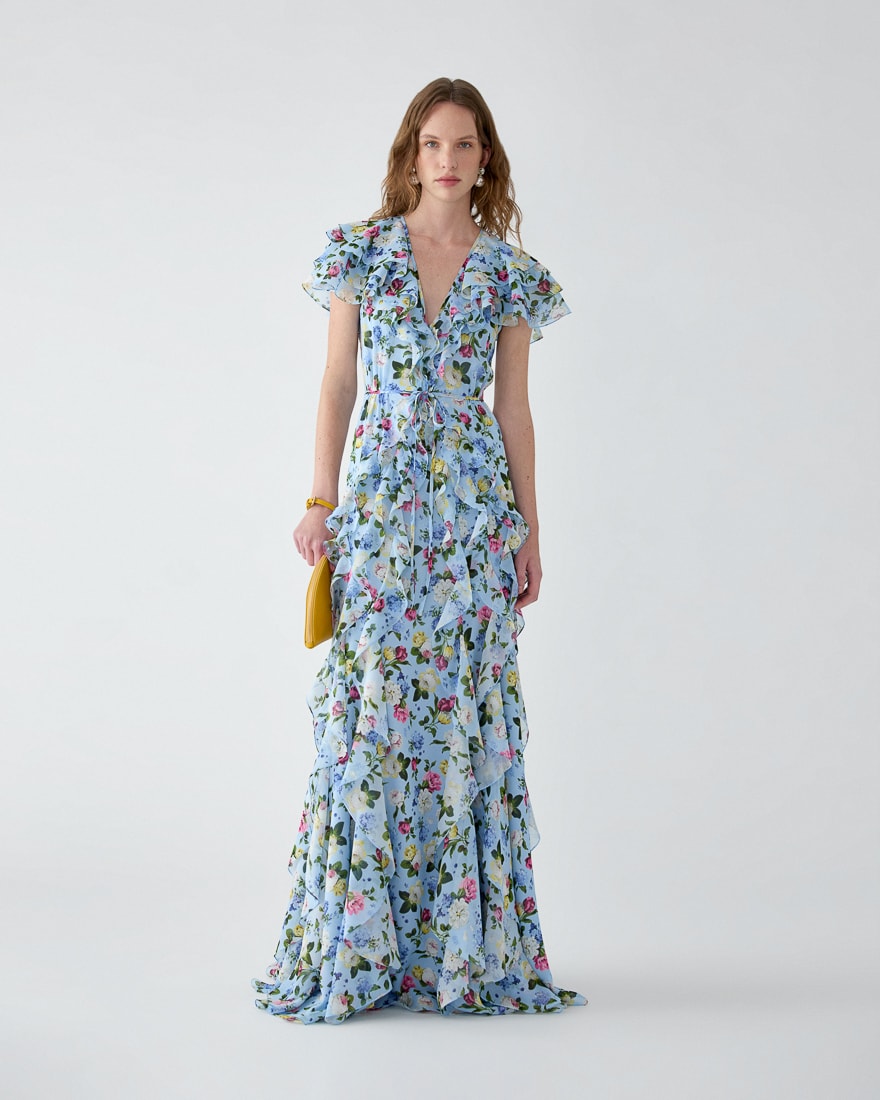 Vestido de gasa con estampado floral con volantes