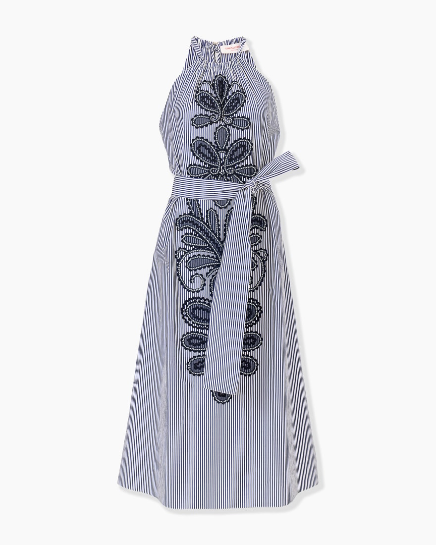 Vestido midi de cuello halter bordado a rayas color striped