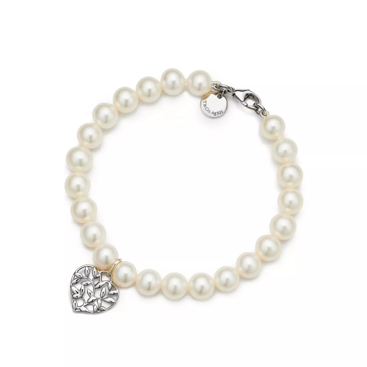 Pulsera de corazón de perlas de hoja de olivo color white; silver