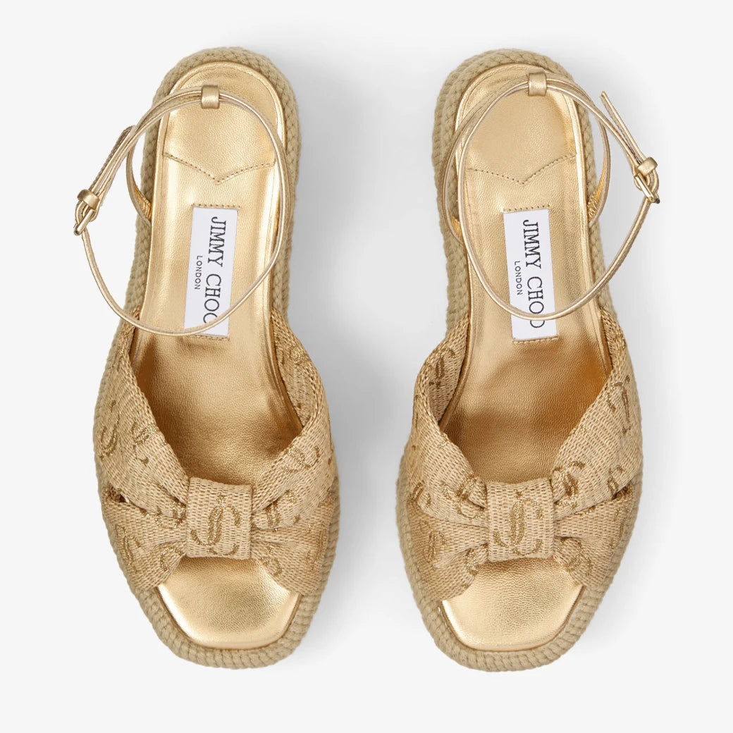 Sandalias de cuña de rafia dorada