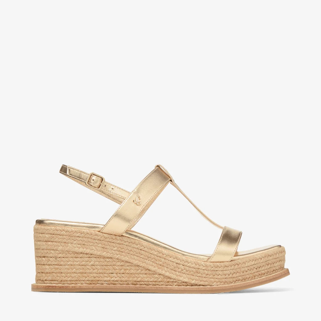 Sandalias de cuña de cuero metálico dorado color gold